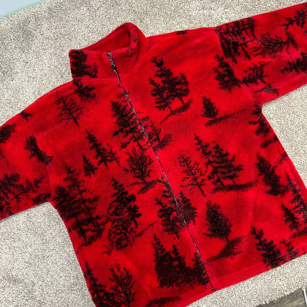 Vintage‎ Black Mountain Fleece Jacket Size XL Made In USA Red Trees Full Zip